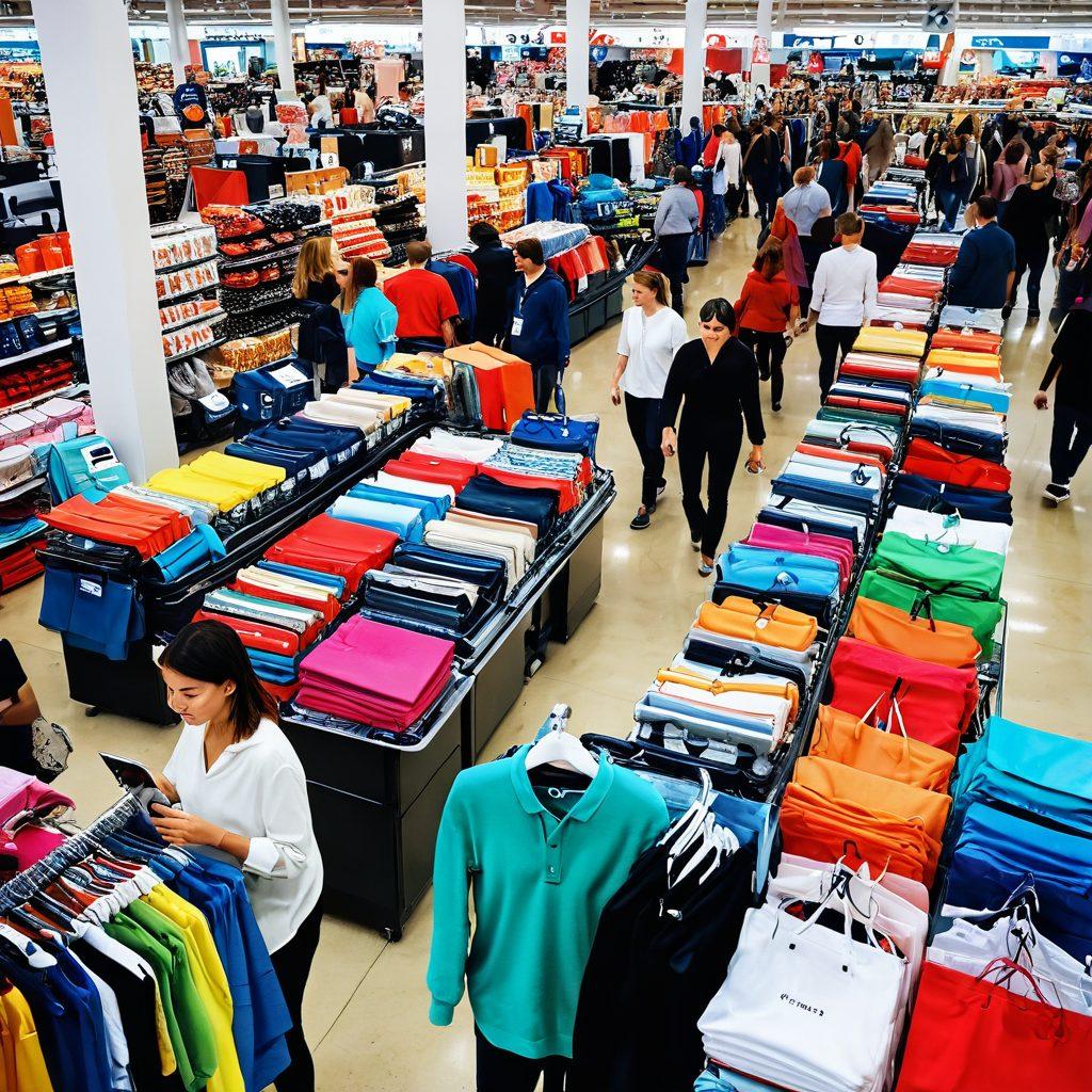 A vibrant marketplace bustling with shoppers as they discover incredible bargains; overflowing carts filled with colorful goods marked with clearance price tags; an eye-catching display of liquidated merchandise in various styles, from electronics to fashion, all under bright, cheerful lighting; a confident shopper holding a shopping list and a calculator, showcasing the thrill of smart shopping. super-realistic. vibrant colors. bright lighting.