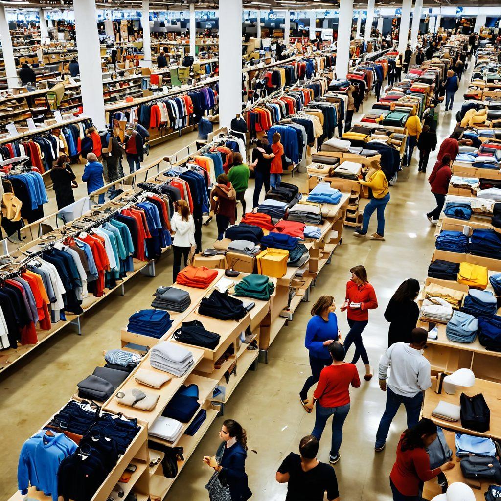 A bustling liquidation sale scene featuring eager shoppers haggling over discounted items, colorful price tags hanging from shelves, and a sense of excitement in the air. Include a diverse group of people with expressions of joy and determination as they uncover hidden treasures. Highlight a variety of products like furniture, electronics, and clothing with 'SALE' signs prominently displayed. super-realistic. vibrant colors. dynamic composition.