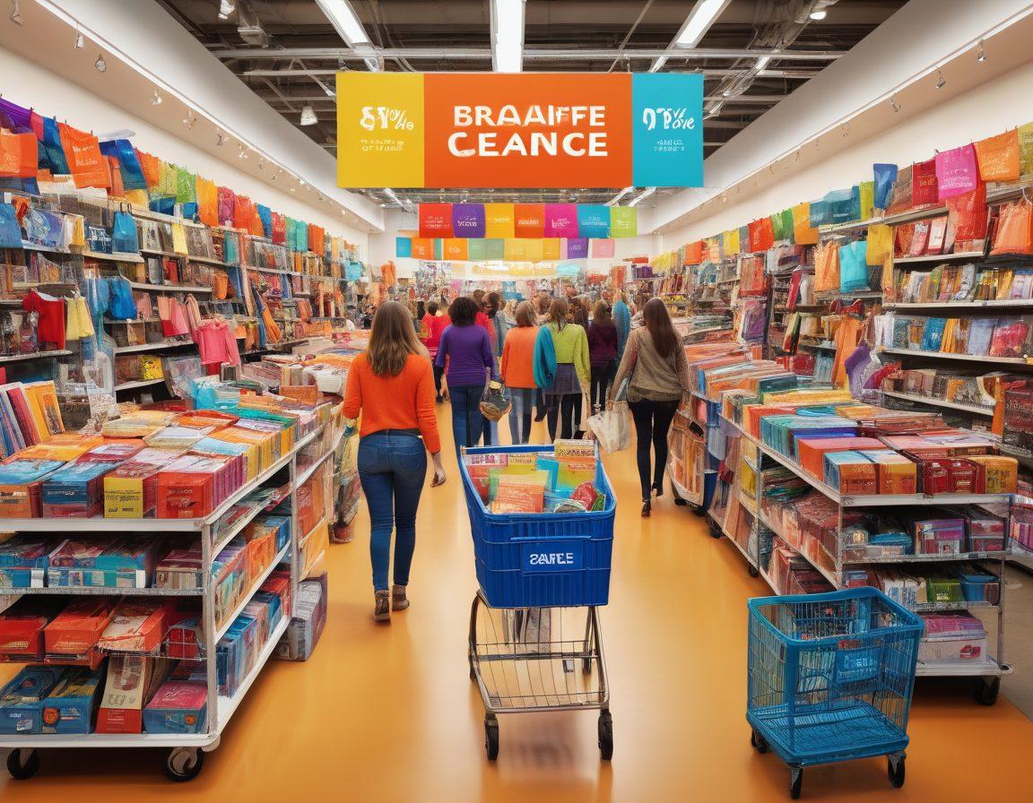 A bustling clearance sale with shoppers joyfully exploring discounted items, colorful price tags hanging from various products, a cart overflowing with treasures, and a large 'Clearance Event' banner overhead. The scene should evoke a sense of excitement and opportunity for savings. Use vibrant colors and a dynamic composition to capture the rush of the sales event. super-realistic. vibrant colors. 3D.